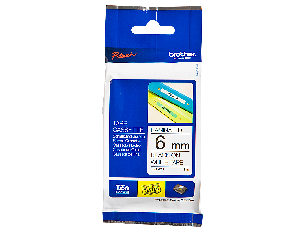 RUBAN LAMINÉ TZE POUR TITREUSE BROTHER P-TOUCH TZE211 6MM COLORIS IMPRESSION NOIR/BLANC