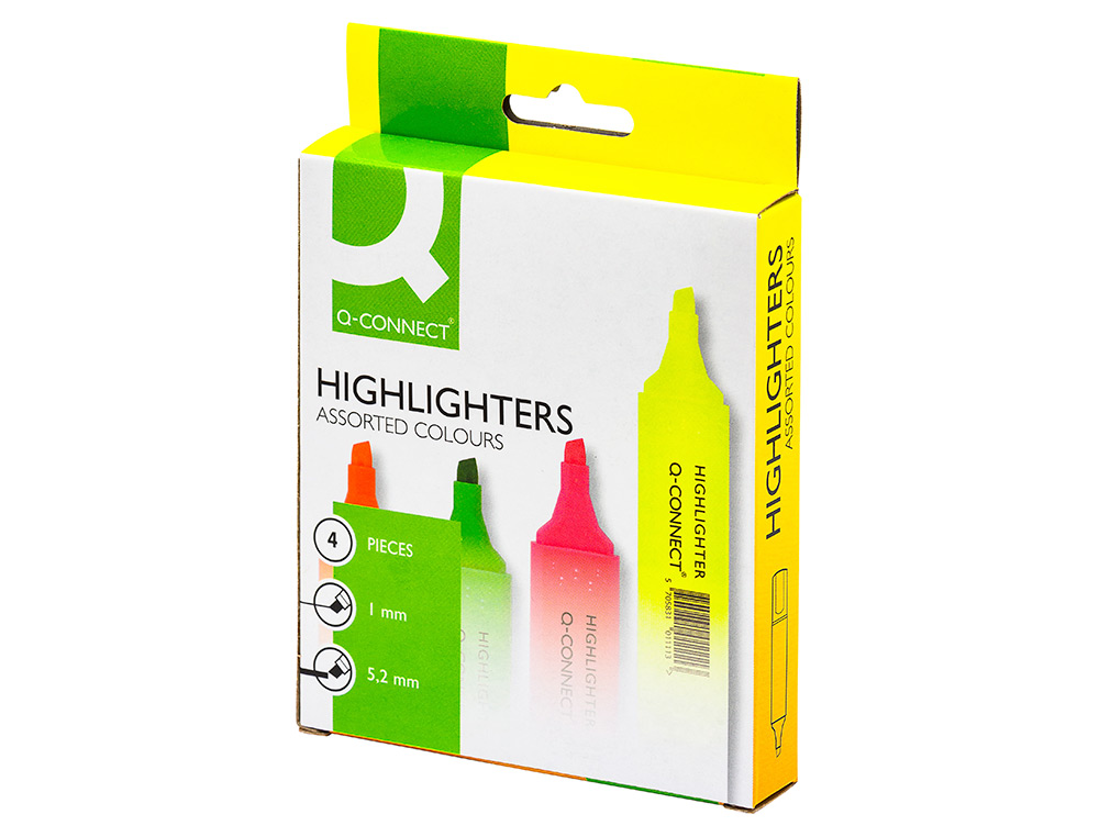 SURLIGNEUR Q-CONNECT TRACÉ 2/5 MM POINTE BISEAUTÉE COULEURS ÉCLATANTES POCHETTE 4 UNITÉS ASSORTIES