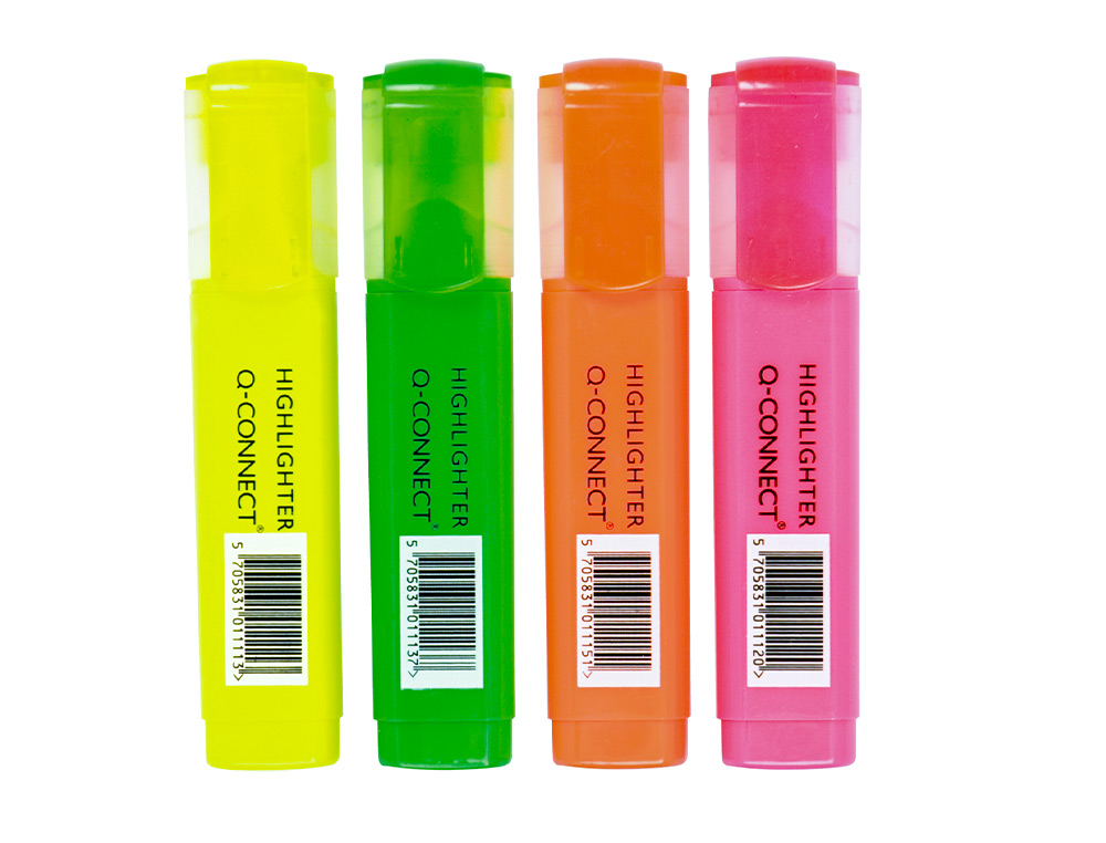 SURLIGNEUR Q-CONNECT TRACÉ 2/5 MM POINTE BISEAUTÉE COULEURS ÉCLATANTES POCHETTE 4 UNITÉS ASSORTIES