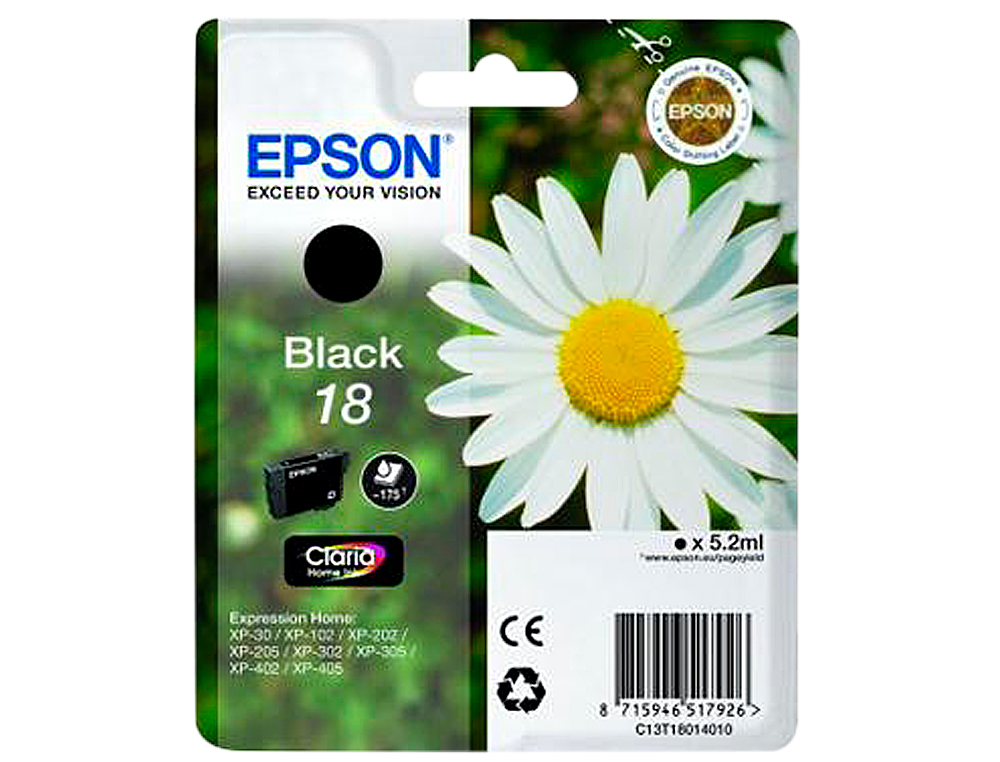CARTOUCHE EPSON T1801 JET D'ENCRE C13T18014010 COULEUR NOIR 180P