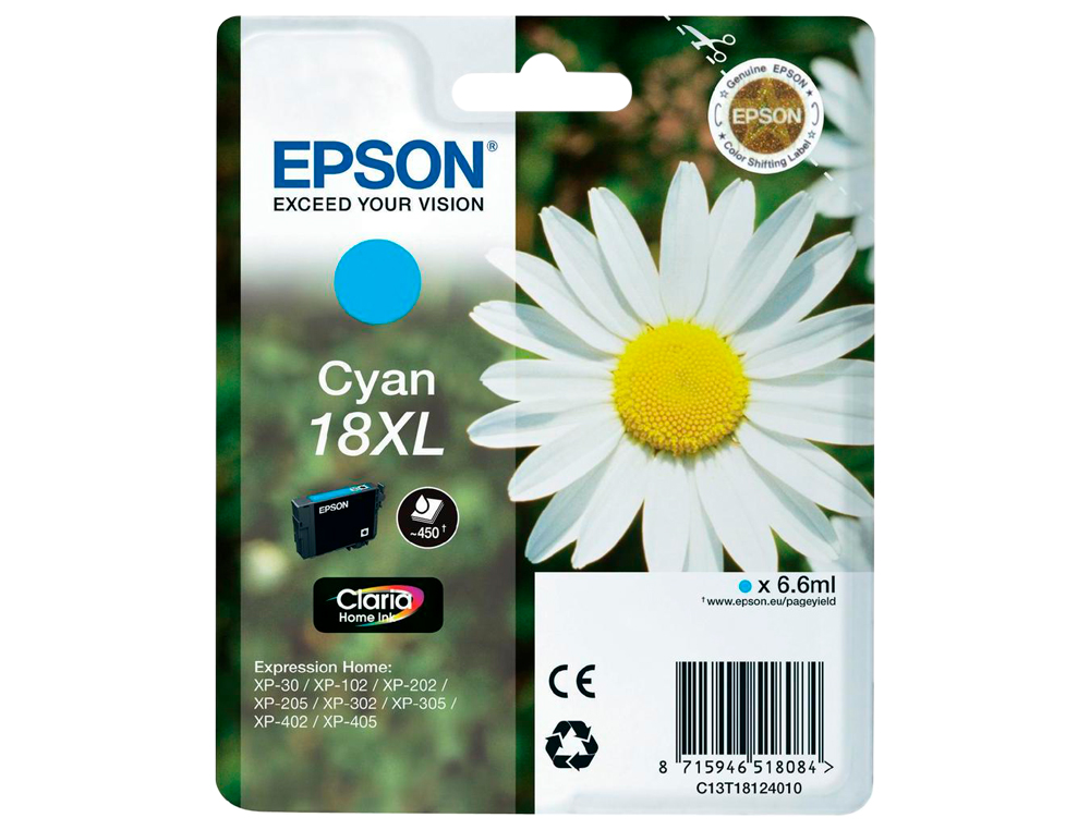 CARTOUCHE EPSON T1812 JET D'ENCRE C13T18124010 COULEUR CYAN HAUTE CAPACITÉ 450P