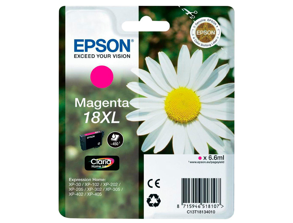 CARTOUCHE EPSON T1813 JET D'ENCRE C13T18134010 COULEUR MAGENTA HAUTE CAPACITÉ 450P