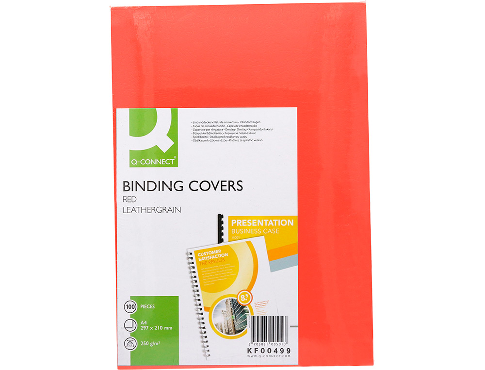 COUVERTURE Q-CONNECT CARTON 250G GRAIN CUIR POUR RELIURE FORMAT A4 COLORIS ROUGE PAQUET 100 UNITÉS