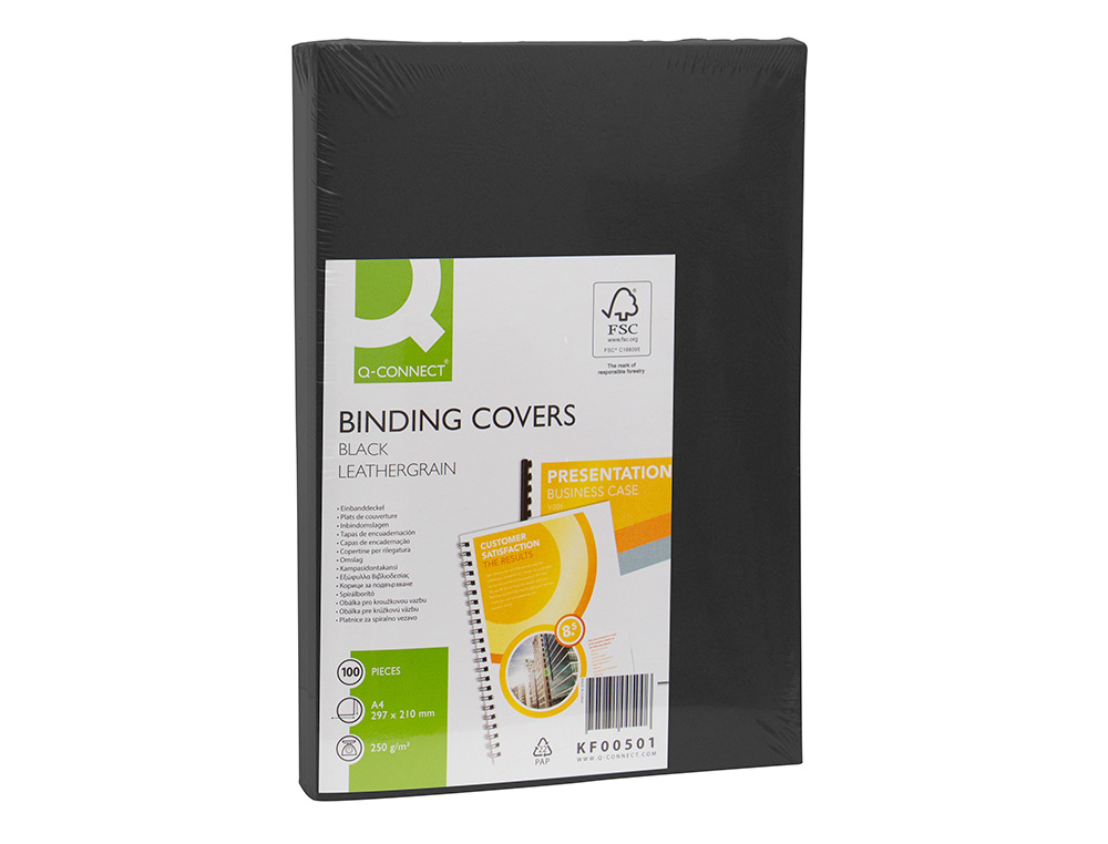 COUVERTURE Q-CONNECT CARTON 250G GRAIN CUIR POUR RELIURE FORMAT A4 COLORIS NOIR PAQUET 100 UNITS