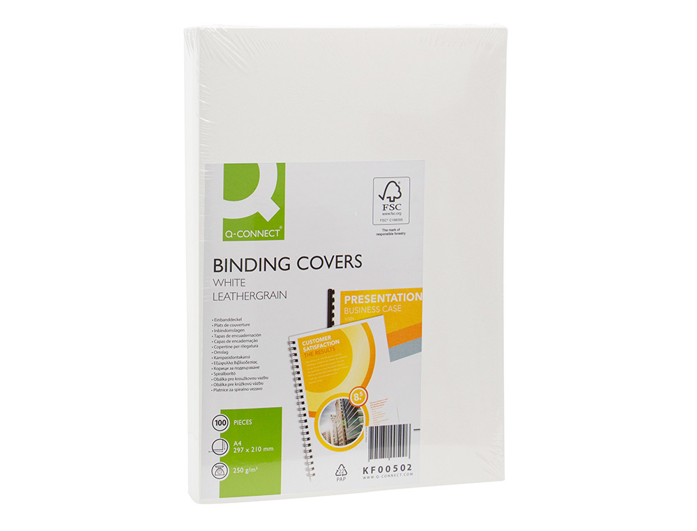 COUVERTURE Q-CONNECT CARTON 250G GRAIN CUIR POUR RELIURE FORMAT A4 COLORIS BLANC PAQUET 100 UNITS