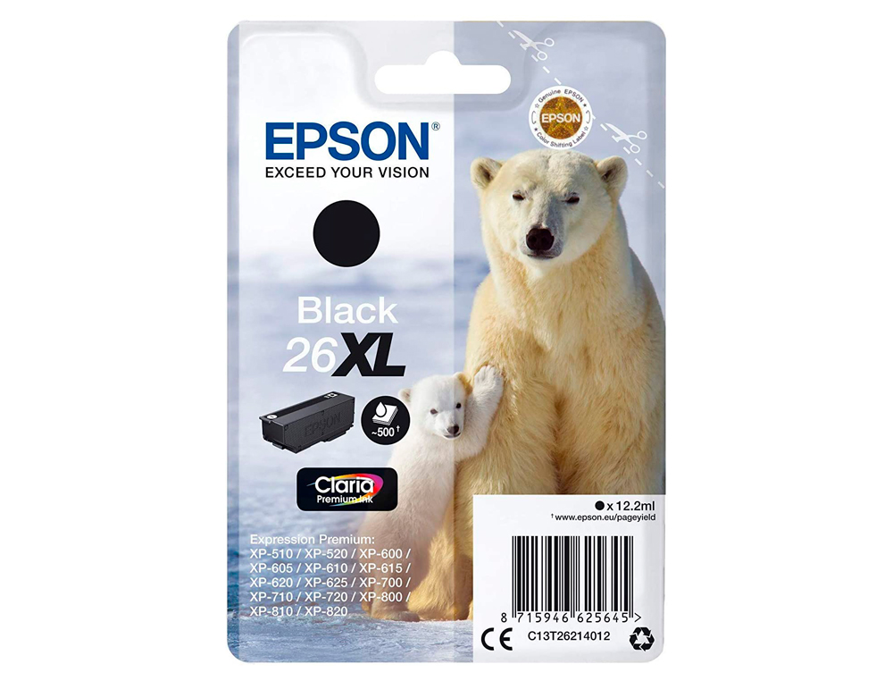 CARTOUCHE EPSON T2621 JET D'ENCRE C13T26214010 COULEUR NOIR PIGMENT HAUTE CAPACIT 500P