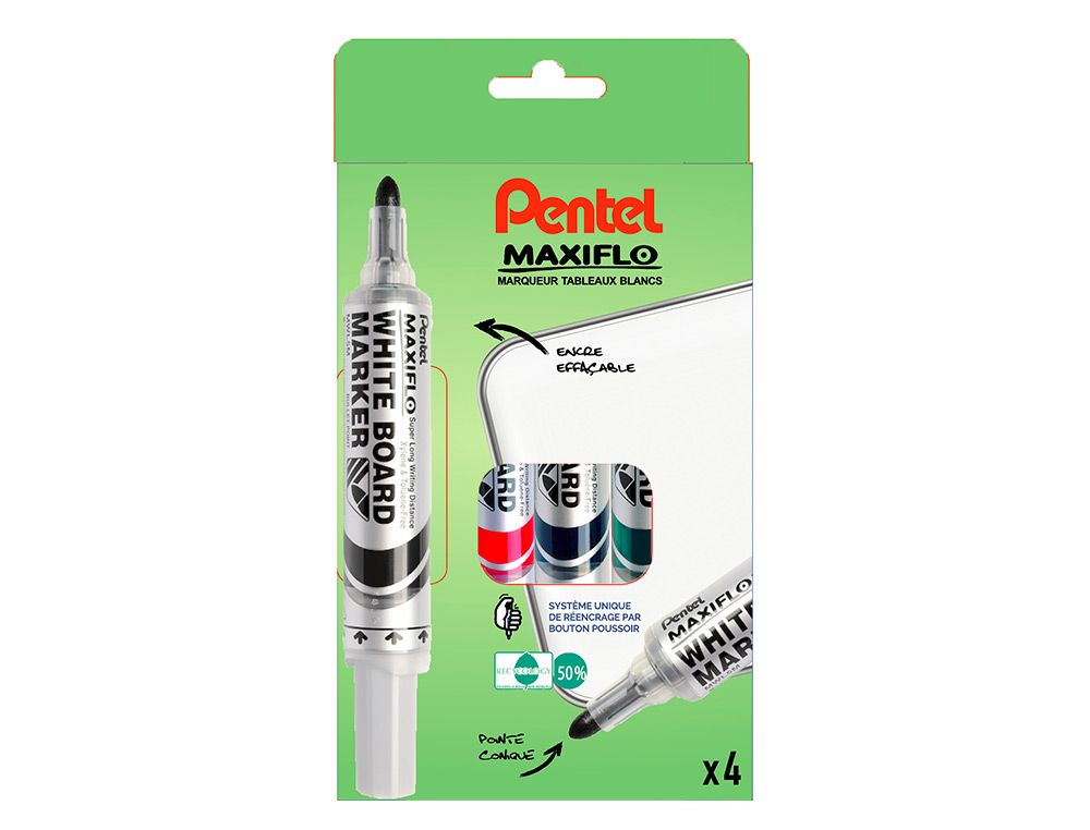 MARQUEUR PENTEL MAXIFLO EFFAÇABLE TABLEAU BLANC POINTE LARGE ENCRE LIQUIDE NIVEAU VISIBLE PACK 4 UNITÉS ASSORTIES