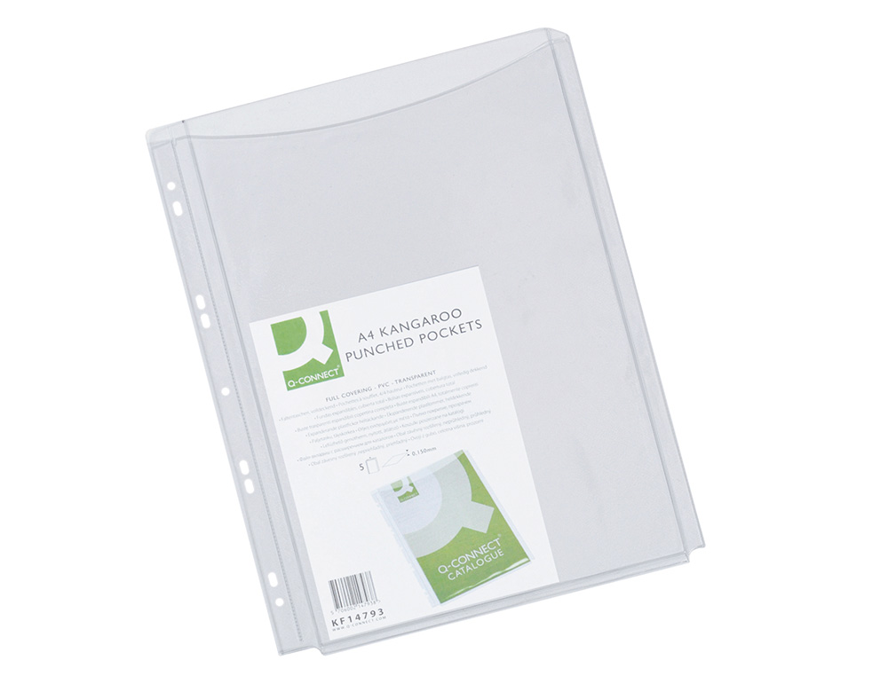 POCHETTE Q-CONNECT PVC 18/100E PERFORÉE SOUFFLET CAPACITÉ 100F PLAN A4 SACHET 5 UNITÉS