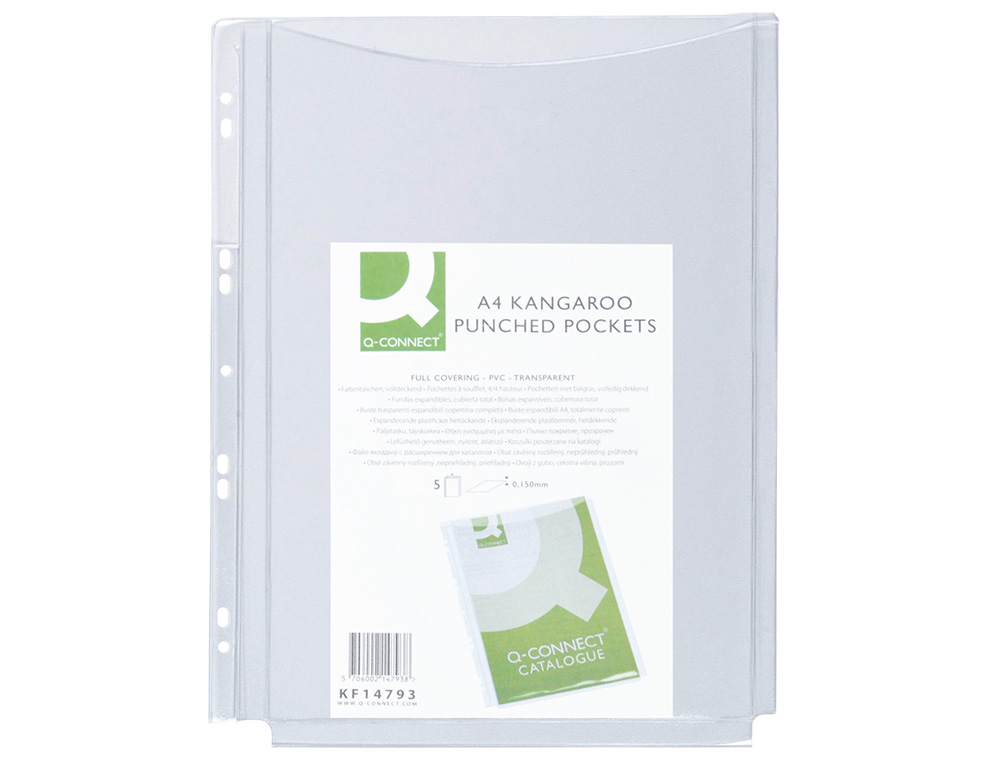 POCHETTE Q-CONNECT PVC 18/100E PERFORÉE SOUFFLET CAPACITÉ 100F PLAN A4 SACHET 5 UNITÉS