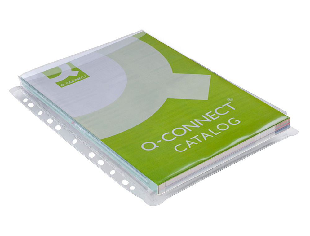 POCHETTE Q-CONNECT PVC 18/100E PERFORÉE SOUFFLET CAPACITÉ 100F PLAN A4 SACHET 5 UNITÉS