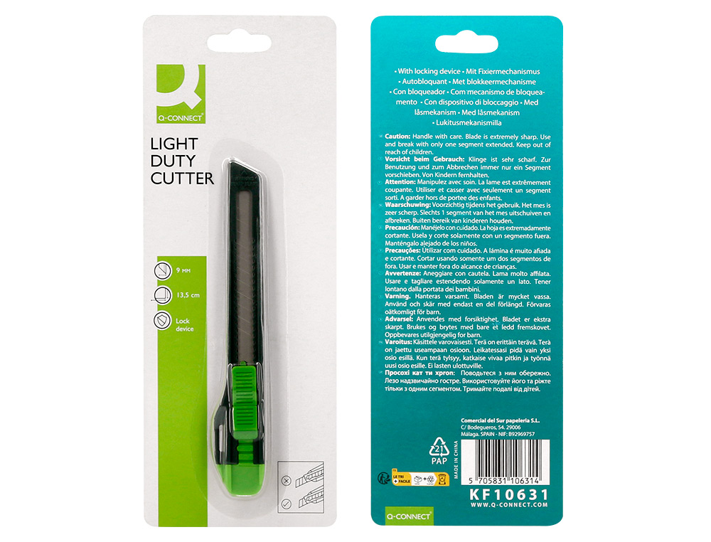 CUTTER XD-07 Q-CONNECT PLASTIQUE LAME 9MM ACIER RETRACTABLE INTERCHANGEABLE PRECOUPEE AVEC FREIN DE SECURITE ET ANSE