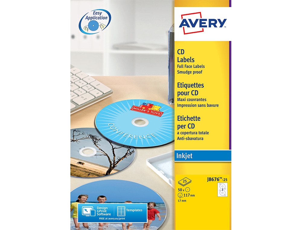 ÉTIQUETTE ADHÉSIVE CD AVERY DIAMÈTRE 117MM JET ENCRE MAXI COUVRANTE POCHETTE 50 UNITÉS