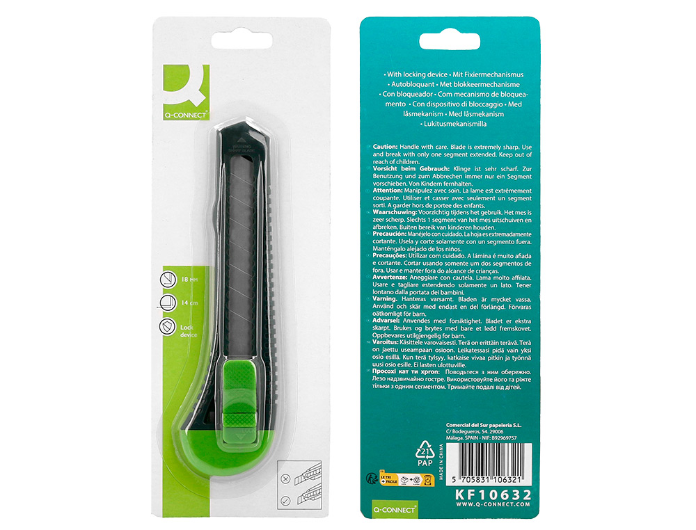 CUTTER XD-43 Q-CONNECT EN PLASTIQUE ABS LAME 18MM RETRACTABLE INTERCHANGEABLE PRECOUPEE AVEC FREIN DE SECURITE