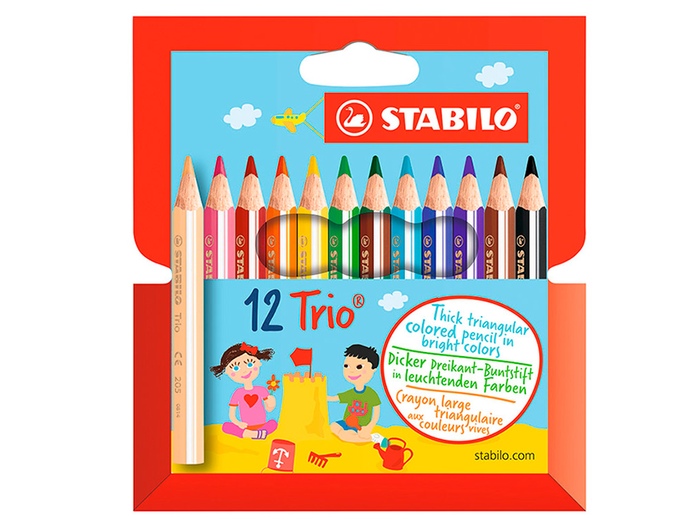 CRAYON COULEUR STABILO TRIO COURT BOIS TRIANGULAIRE 85MM MINE LARGE SOUPLE 4MM COLORIAGE RAPIDE POCHETTE 12U
