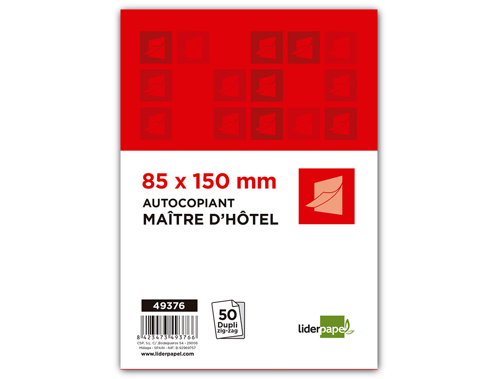 BLOC MAÎTRE HÔTEL LIDERPAPEL PAPIER AUTOCOPIANT 85X150MM 50 DUPLIS