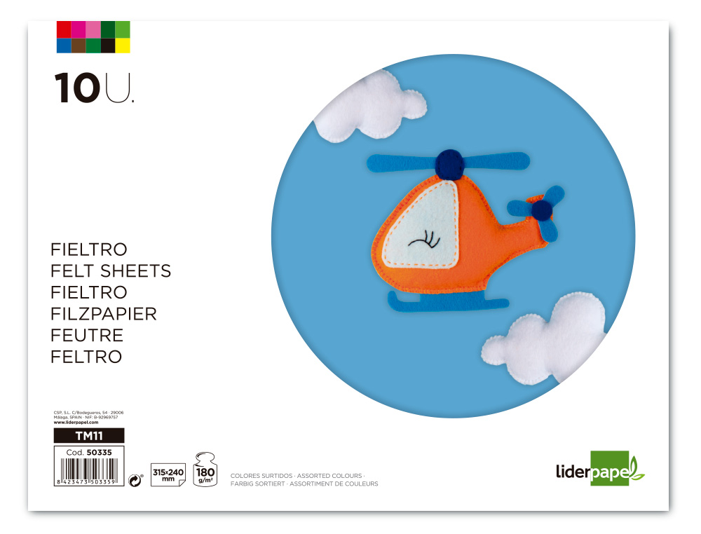 FEUTRINE LIDERPAPEL A4+ 240X315MM 180G ÉPAISSEUR 1.5MM COLORIS ASSORTIS BLOC 10 PLAQUES