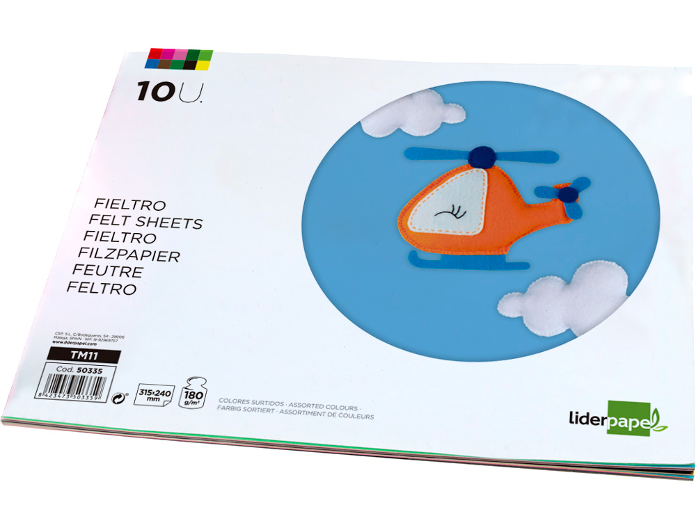 FEUTRINE LIDERPAPEL A4+ 240X315MM 180G ÉPAISSEUR 1.5MM COLORIS ASSORTIS BLOC 10 PLAQUES