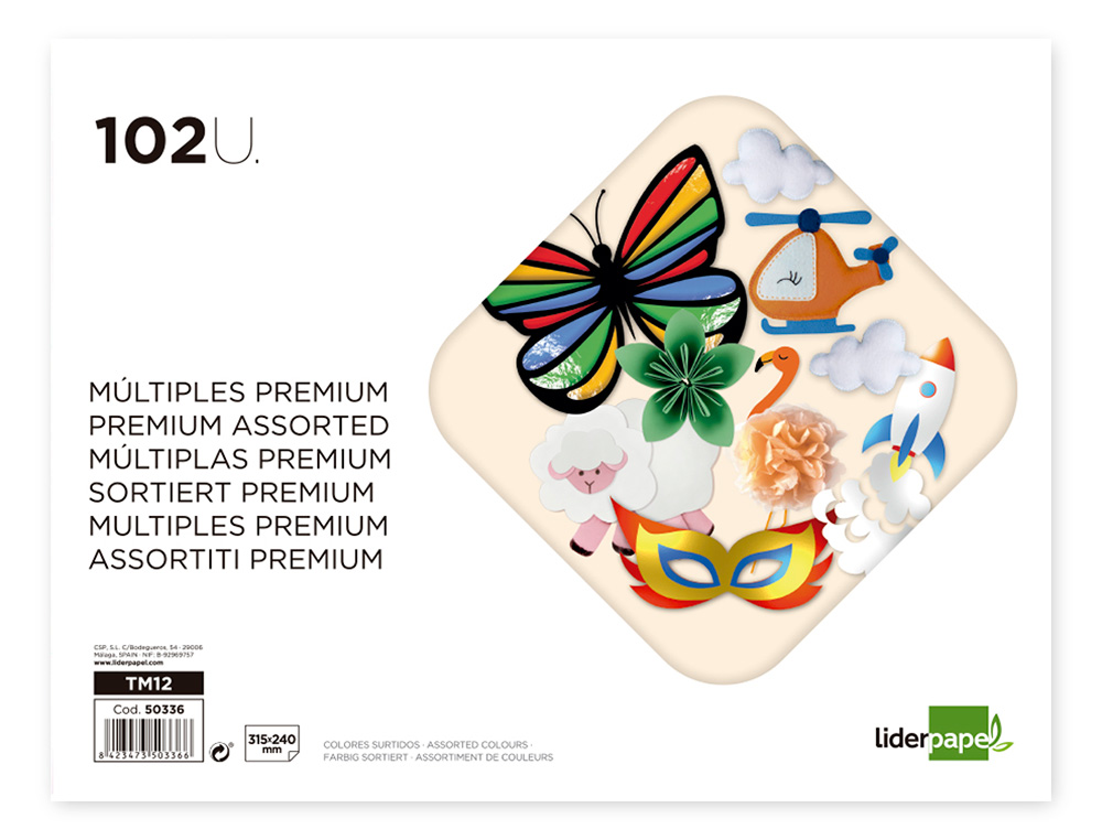 PAPIER CRÉATIF LIDERPAPEL PREMIUM A4+ 240X315MM ASSORTIMENT DIVERS PAPIERS COLORIS ASSORTIS BLOC 102 UNITÉS
