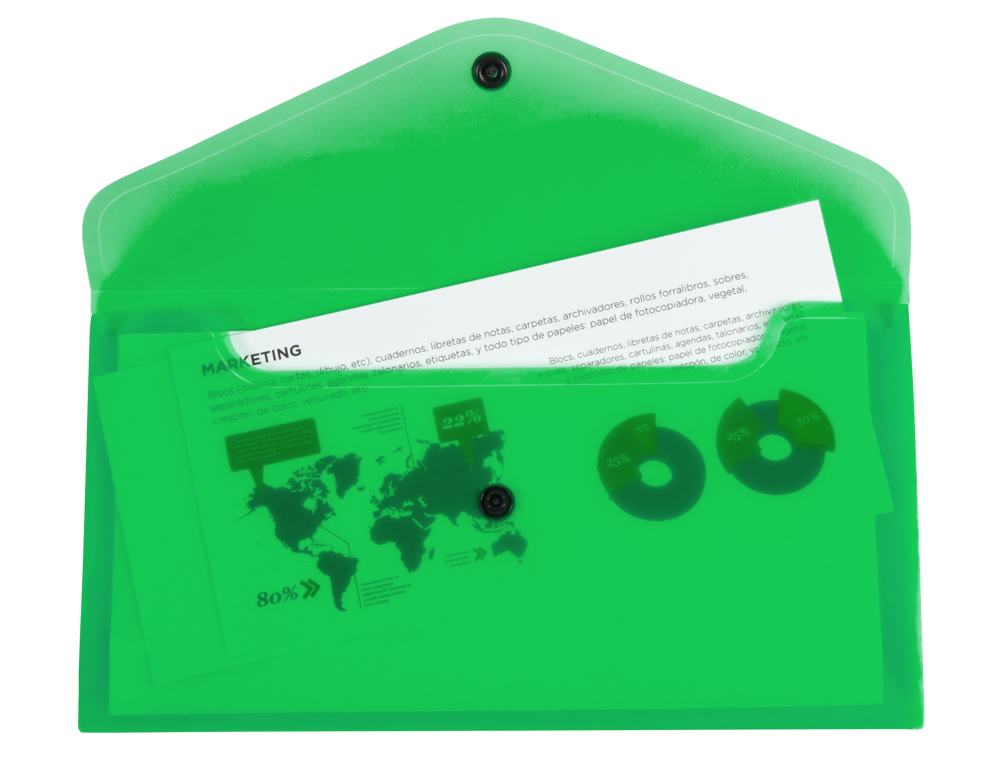 POCHETTE ENVELOPPE LIDERPAPEL POLYPROPYLNE 180 MICRONS 260X140MM 50F FERMETURE BOUTON RSISTANT TRANSPARENT VERT