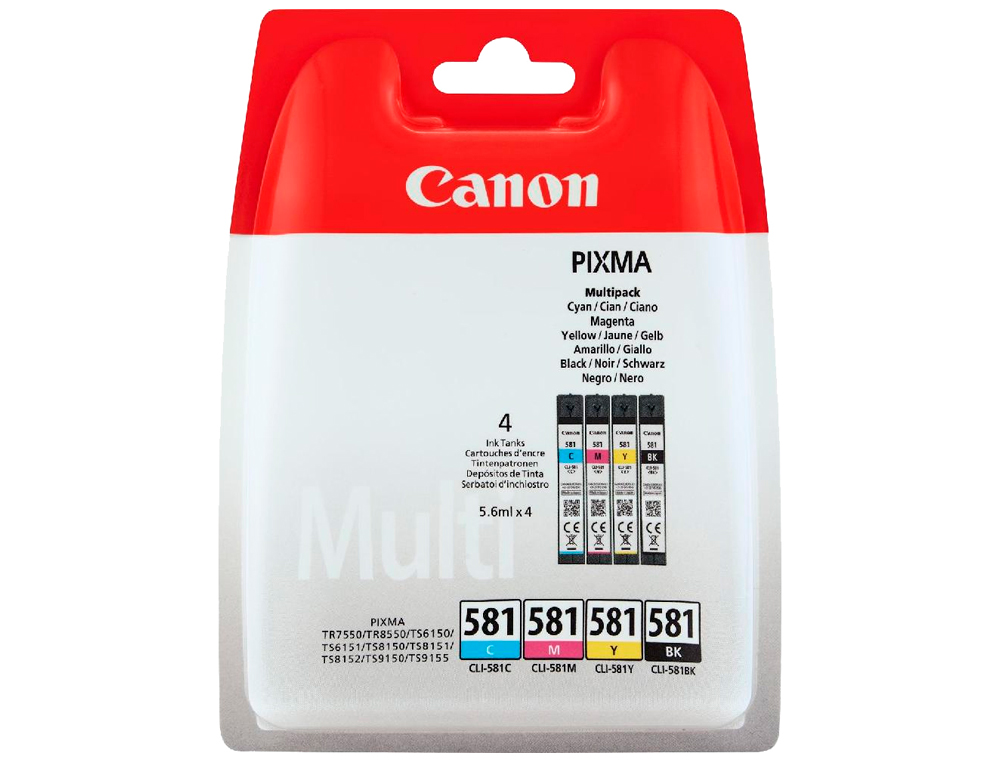 CARTOUCHE CANON JET D'ENCRE CLI 581 PIXMA MULTIPACK 5,6ML X 4 COULEURS NOIR JAUNE CYAN MAGENTA