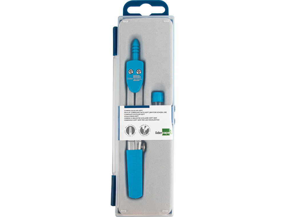 COMPAS LIDERPAPEL SCOLAIRE CIRCONFÉRENCE 36CM LONGUEUR 12CM PROTECTEUR POINTE MINE 2MM COLORIS ASSORTIS ÉTUI PLASTIQUE