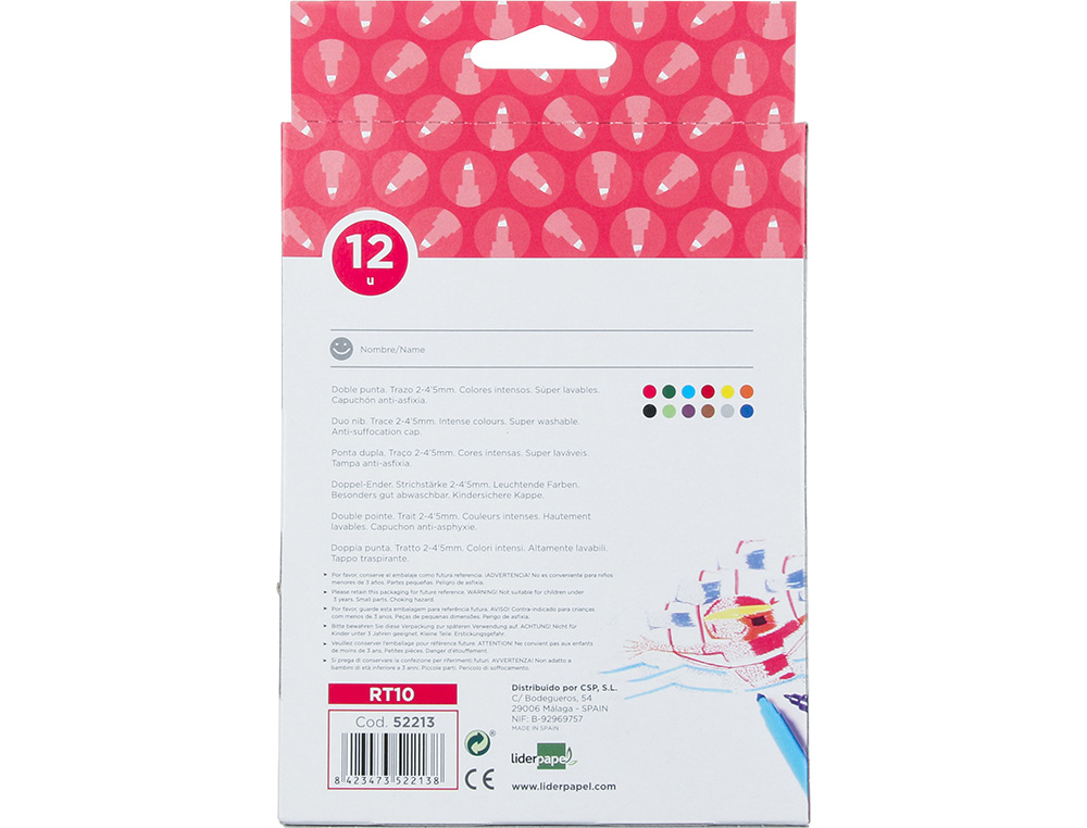 FEUTRE COLORIAGE LIDERPAPEL DUO 2 POINTES FIBRE 5MM ET 2.5MM LONGUEUR ÉCRITURE 800M BOÎTE CARTON 12 UNITÉS
