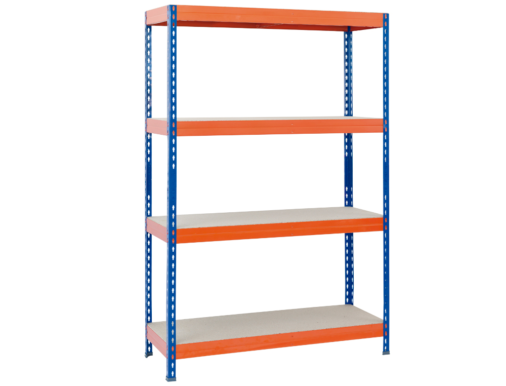 ÉTAGÈRE MÉTALLIQUE AR 4 TABLETTES BOIS SUPPORTE 430KG/TABLETTE MONTAGE FACILE 200X100X60CM COLORIS BLEU/ORANGE