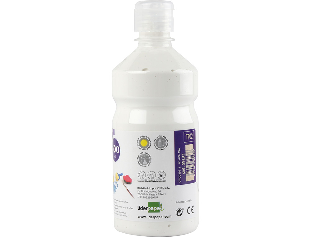 GOUACHE SCOLAIRE LIDERPAPEL LIQUIDE LAVABLE FERMETURE SCURIT BRILLANTE COLORIS BLANC FLACON 500ML