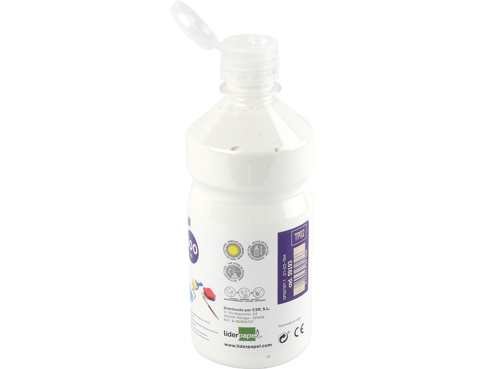 GOUACHE SCOLAIRE LIDERPAPEL LIQUIDE LAVABLE FERMETURE SCURIT BRILLANTE COLORIS BLANC FLACON 500ML