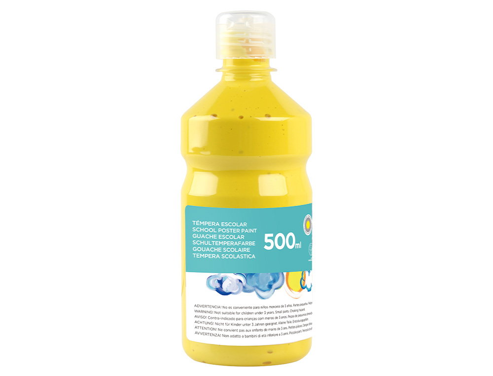 GOUACHE SCOLAIRE LIDERPAPEL LIQUIDE LAVABLE FERMETURE SÉCURITÉ BRILLANTE COLORIS JAUNE FLACON 500ML