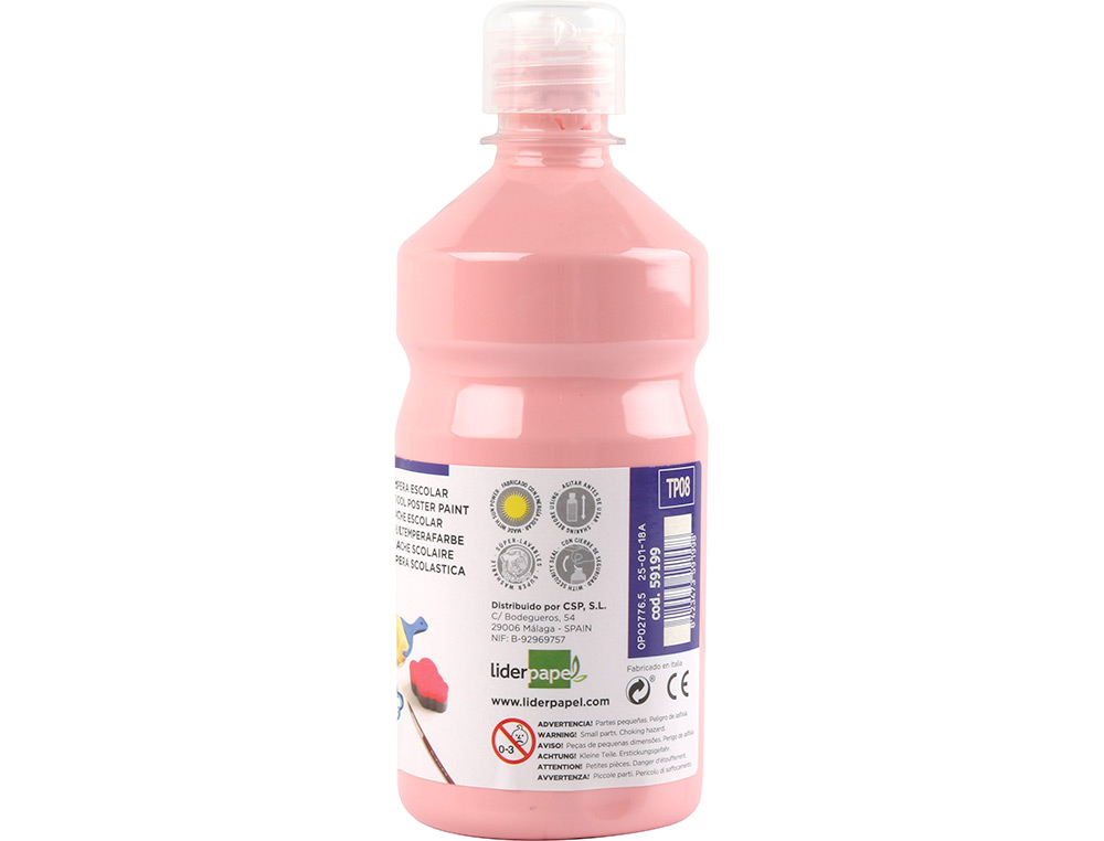 GOUACHE SCOLAIRE LIDERPAPEL LIQUIDE LAVABLE FERMETURE SCURIT BRILLANTE COLORIS ROSE FLACON 500ML