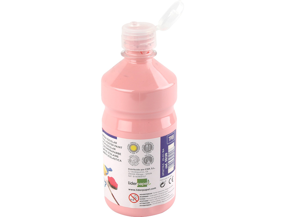 GOUACHE SCOLAIRE LIDERPAPEL LIQUIDE LAVABLE FERMETURE SCURIT BRILLANTE COLORIS ROSE FLACON 500ML