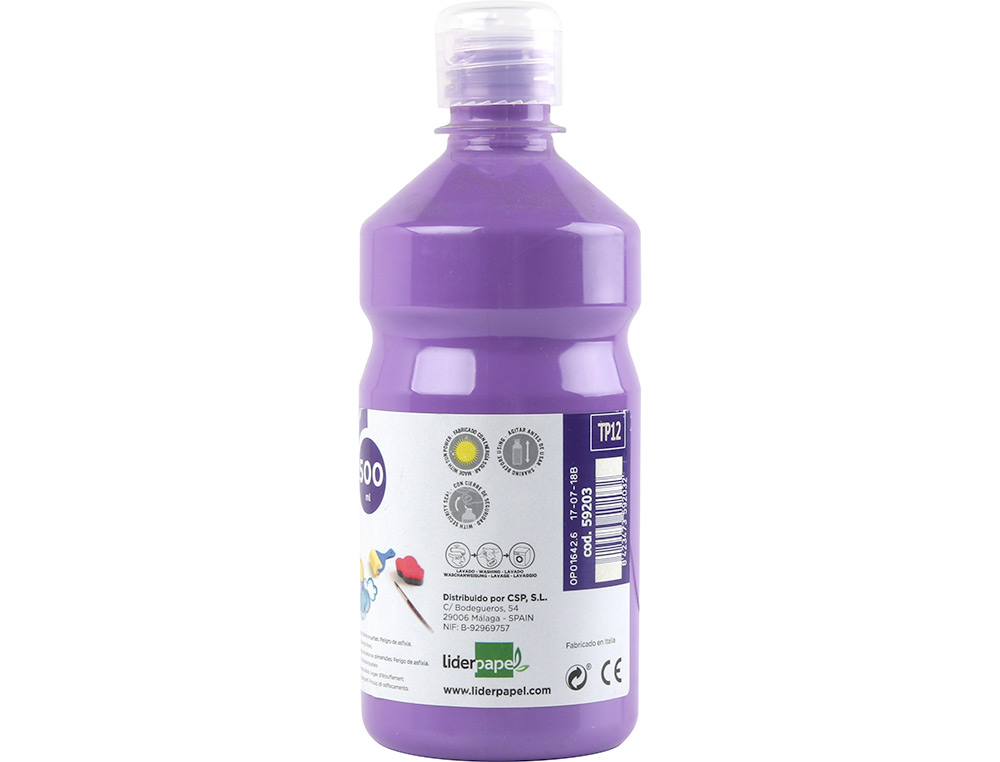 GOUACHE SCOLAIRE LIDERPAPEL LIQUIDE LAVABLE FERMETURE SÉCURITÉ BRILLANTE COLORIS LILAS FLACON 500ML