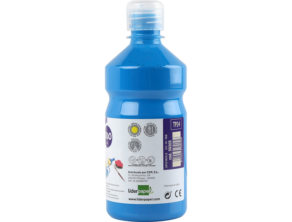 GOUACHE SCOLAIRE LIDERPAPEL LIQUIDE LAVABLE FERMETURE SÉCURITÉ BRILLANTE COLORIS BLEU FLACON 500ML