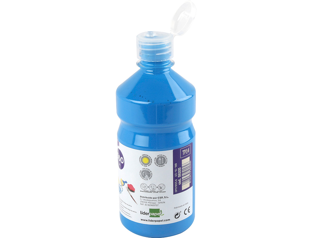 GOUACHE SCOLAIRE LIDERPAPEL LIQUIDE LAVABLE FERMETURE SÉCURITÉ BRILLANTE COLORIS BLEU FLACON 500ML