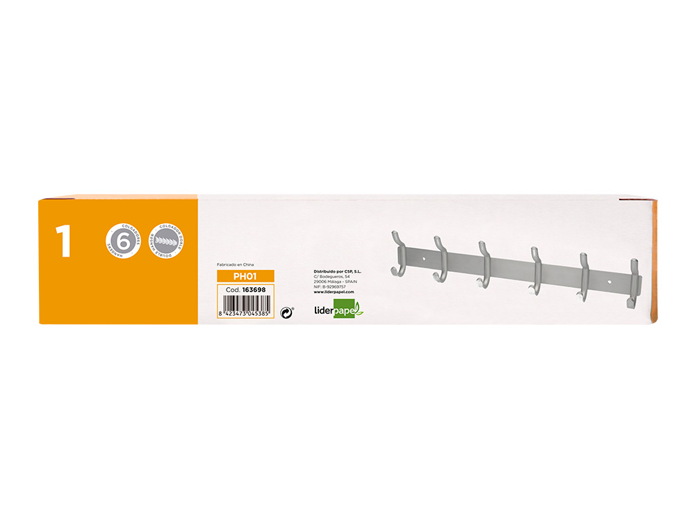 PORTE-MANTEAUX LIDERPAPEL MURAL METAL 6 PATERES         430X88X55MM COLORIS ARGENT