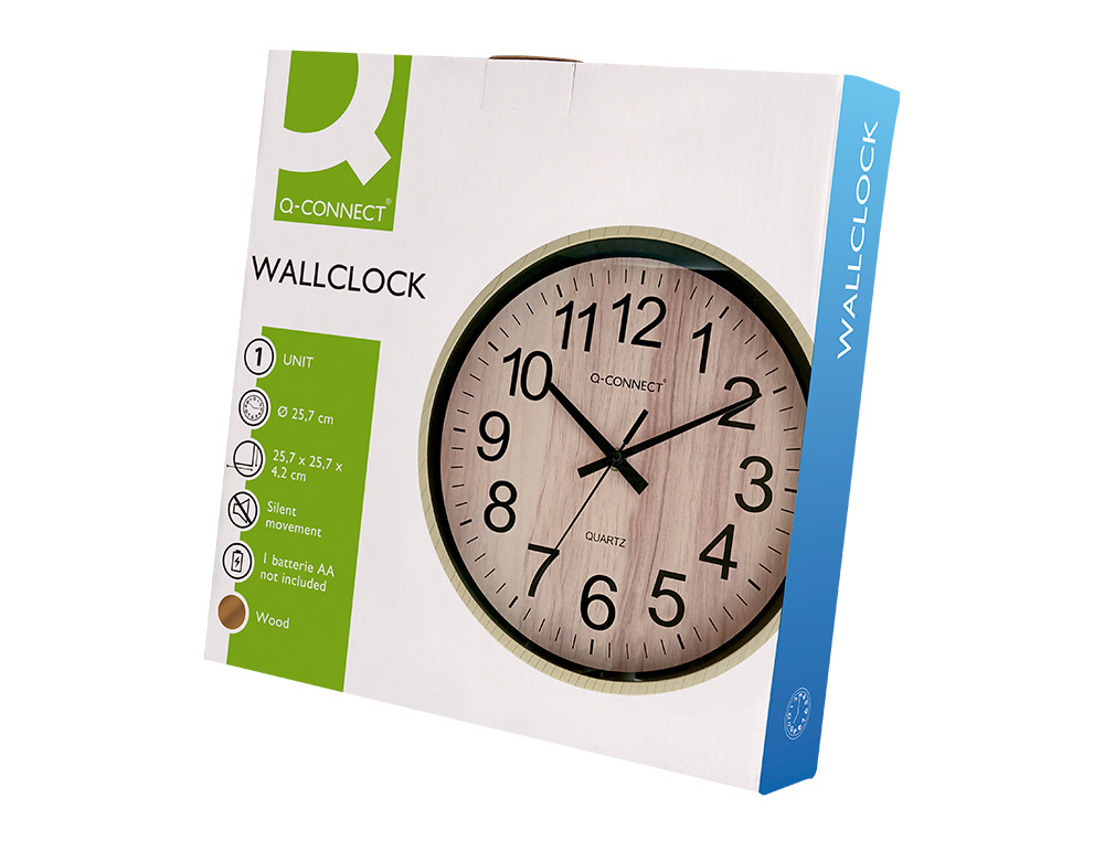 HORLOGE Q-CONNECT MURALE PLASTIQUE RONDE DIAMETRE      25,7CM MECANISME SILENCIEUX   COLORIS BOIS NATUREL