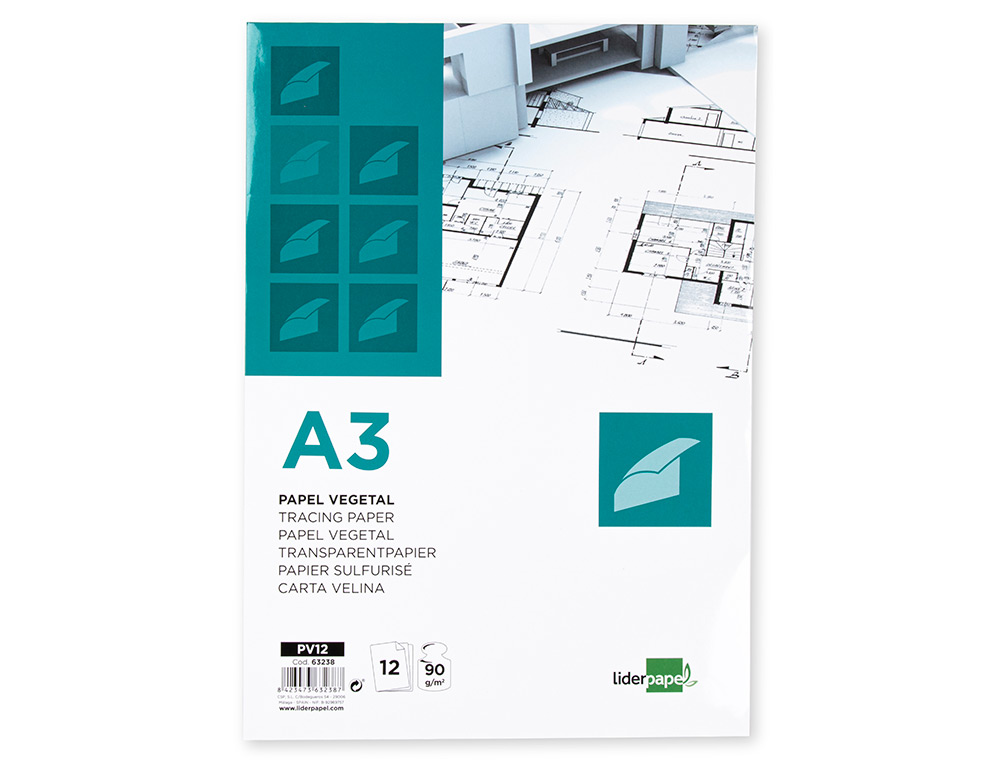 PAPIER CALQUE LIDERPAPEL A3 297X420MM 90G SACHET DE 12 FEUILLES