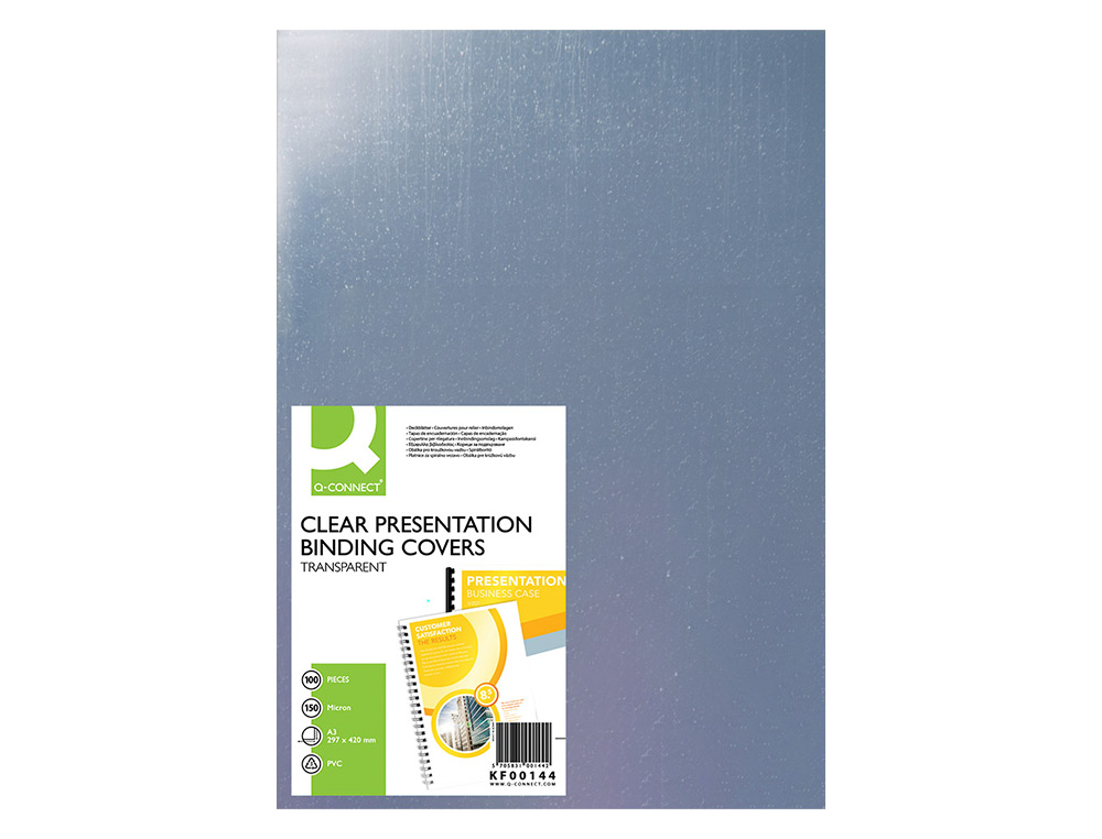 PLAT COUVERTURE Q-CONNECT PVC INCOLORE 150 MICRONS A3 RELIEURS SPIRALES PEIGNES ANNEAUX PAQUET 100 UNITS