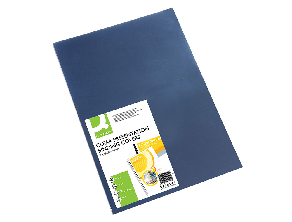 PLAT COUVERTURE Q-CONNECT PVC INCOLORE 150 MICRONS A3 RELIEURS SPIRALES PEIGNES ANNEAUX PAQUET 100 UNITS