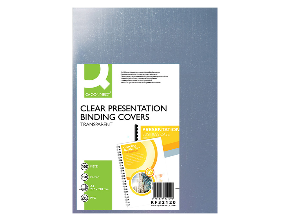 PLAT COUVERTURE Q-CONNECT PVC INCOLORE 150 MICRONS A4 RELIEURS SPIRALES PEIGNES ANNEAUX PAQUET 100 UNITÉS