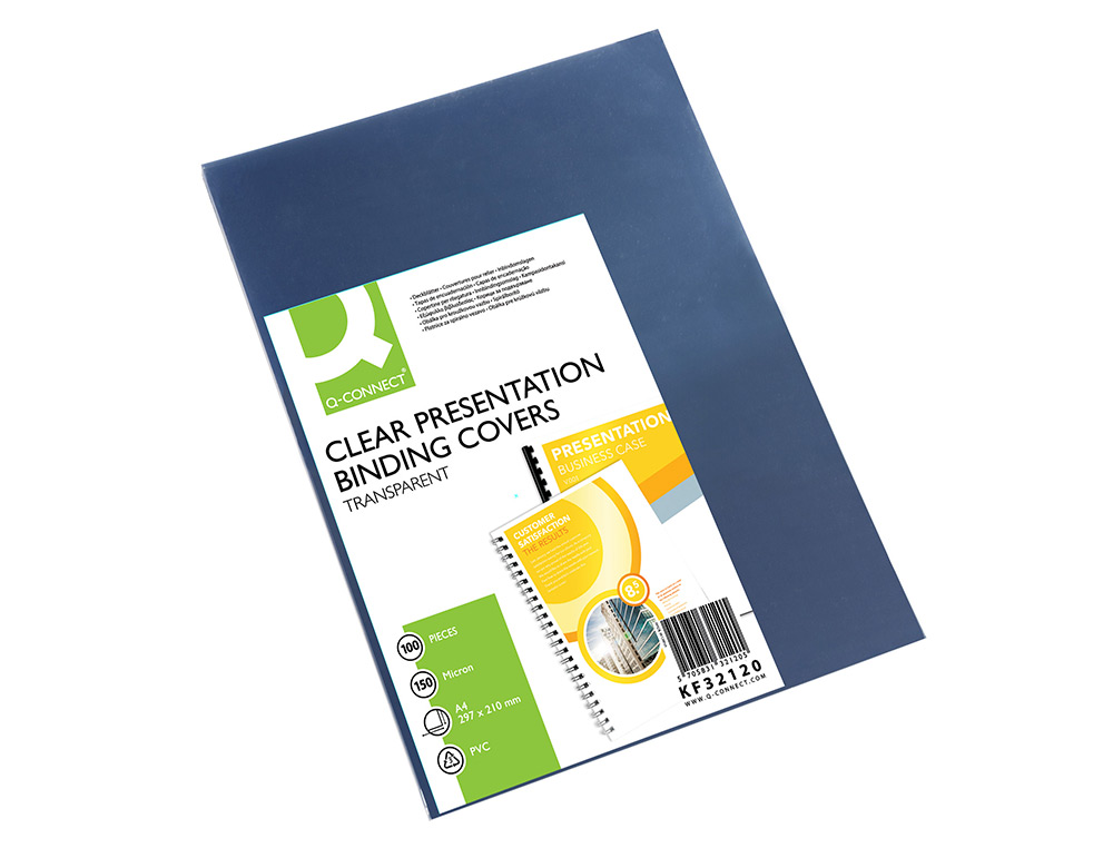 PLAT COUVERTURE Q-CONNECT PVC INCOLORE 150 MICRONS A4 RELIEURS SPIRALES PEIGNES ANNEAUX PAQUET 100 UNITÉS