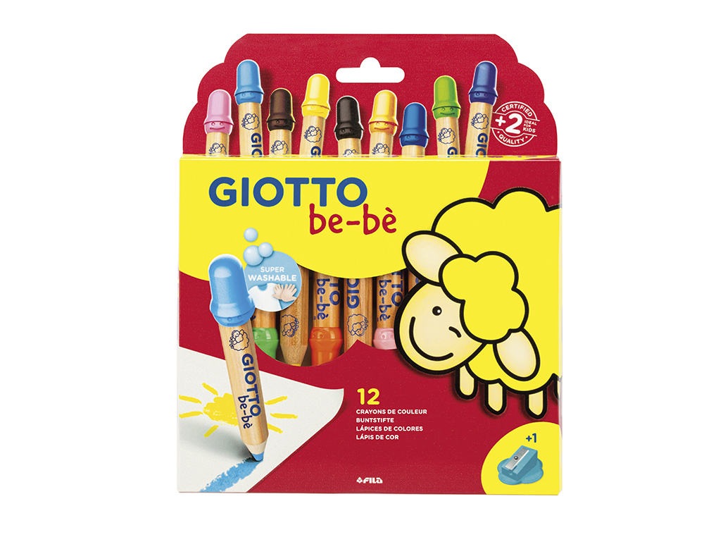 CRAYON COULEUR GIOTTO BE-BÈ MAXI TESTÉ DERMATOLOGIQUEMENT ÉTUI 12 UNITÉS + 1 TAILLE-CRAYON