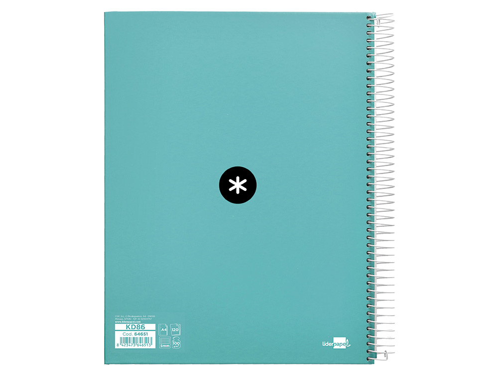 CAHIER SPIRALE LIDERPAPEL ANTARTIK A4 240P 100G REMBORDÉ QUADRILLAGE 5MM MICROPERFORÉ 5 BANDES 4 TROUS COLORIS MENTHE