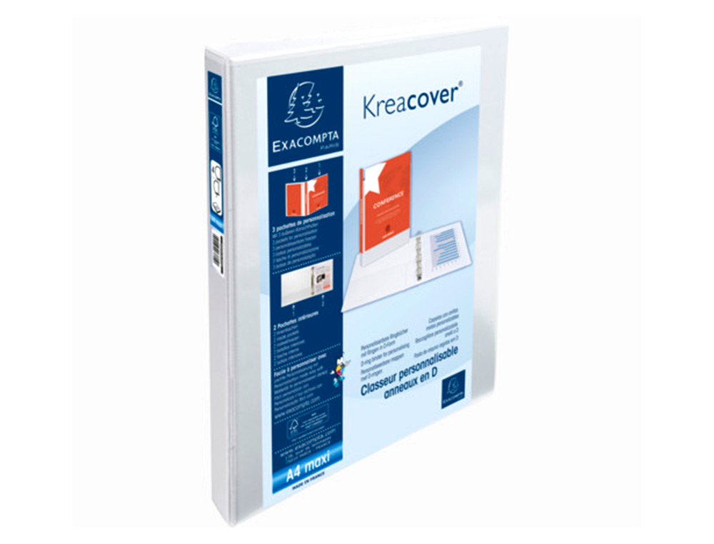 CLASSEUR EXACOMPTA KREACOVER 4 ANNEAUX 15MM A4+ CARTON RECOUVERT POLYPROPYLÈNE DOS 38MM PERSONNALISABLE BLANC