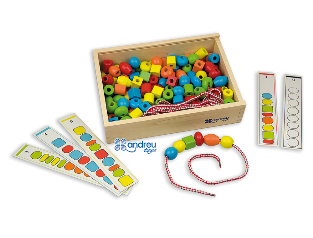 JEU ANDREUTOYS FORMES À ENFILER + 10 CORDONS + 10 MODÈLES BOÎTE DE 150 UNITÉS ASSORTIES