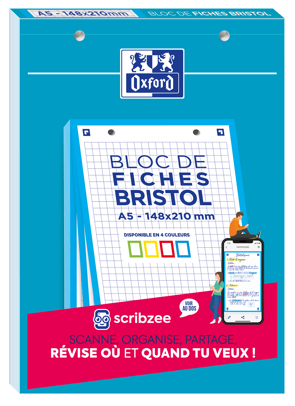 CAHIER DE FICHES BRISTOL 2.0 OXFORD A5 14,8X21CM 5X5MM COULEUR 30 UNITÉS