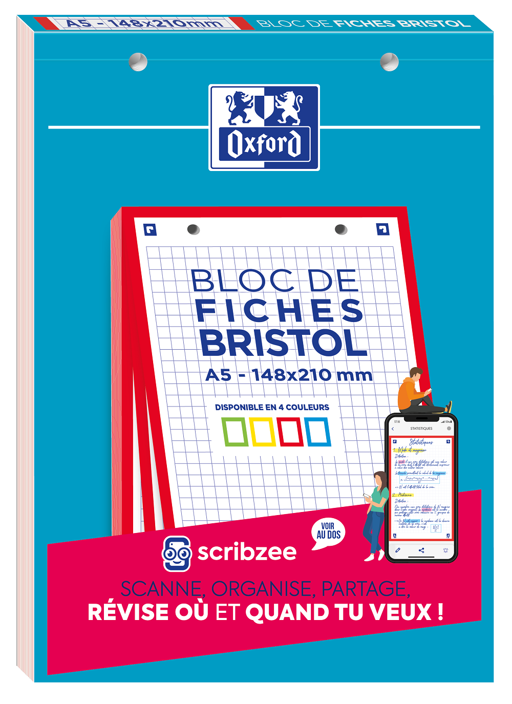 CAHIER DE FICHES BRISTOL 2.0 OXFORD A5 14,8X21CM 5X5MM COULEUR 30 UNITÉS