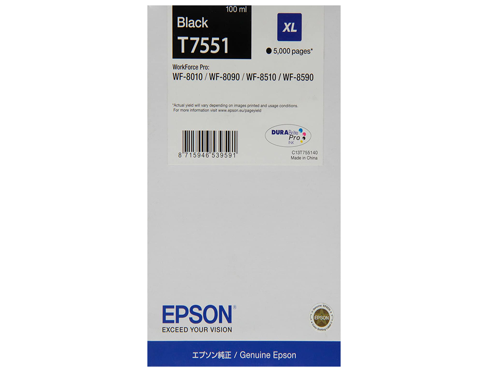 CARTOUCHE JET D'ENCRE EPSON T7551 WORKFORCE PRO WF-8010 / 8090 / 8510 / 8590 NOIR