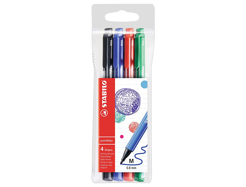 STYLO-FEUTRE STABILO POINTMAX COLORIS NOIR BLEU VERT ROUGE POCHETTE DE 4 UNITÉS